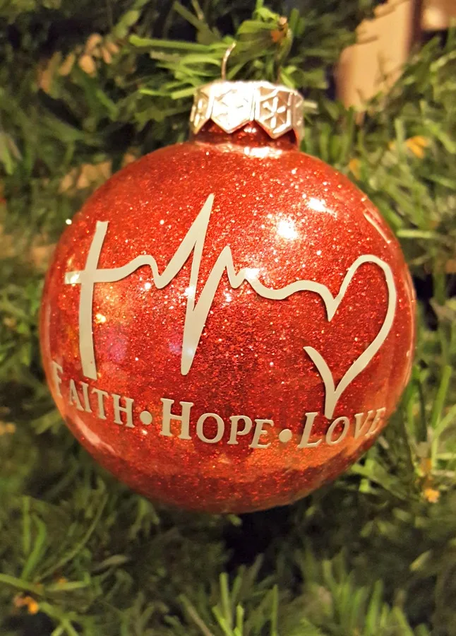 faith hope love red ornament with glitter