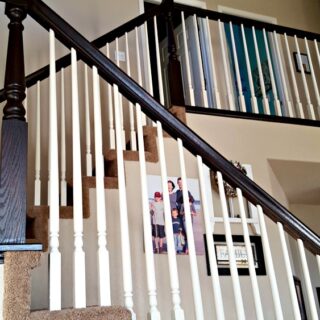 brown banister and white spindles