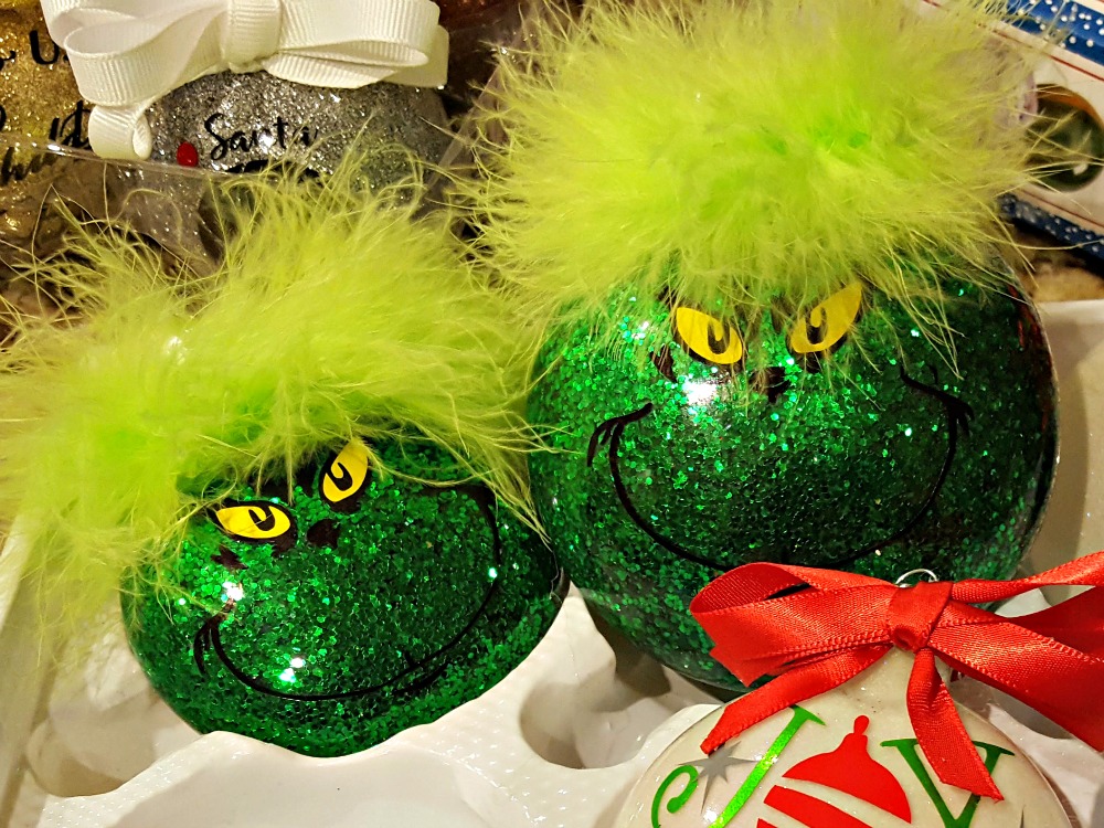 grinch glitter ornaments with fluffy hair