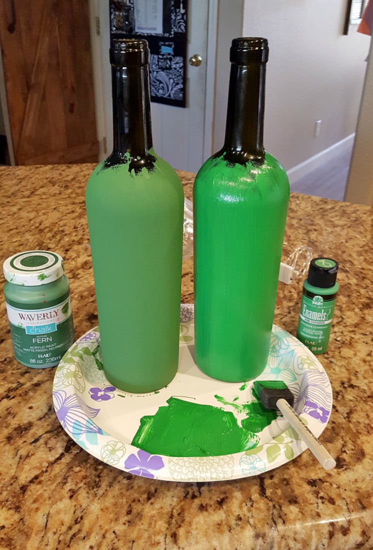painted wine bottles with chalk paint and glass enamel paint