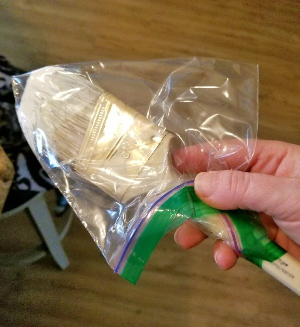 paintbrush in plastic bag to prevent drying