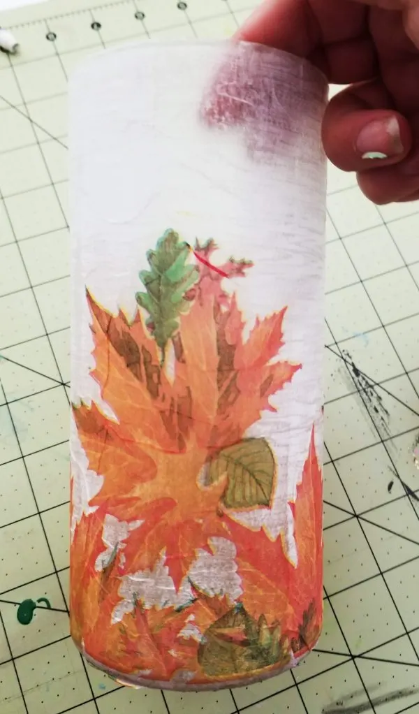 fall decoupaged napkin on glass vase from Dollar Tree
