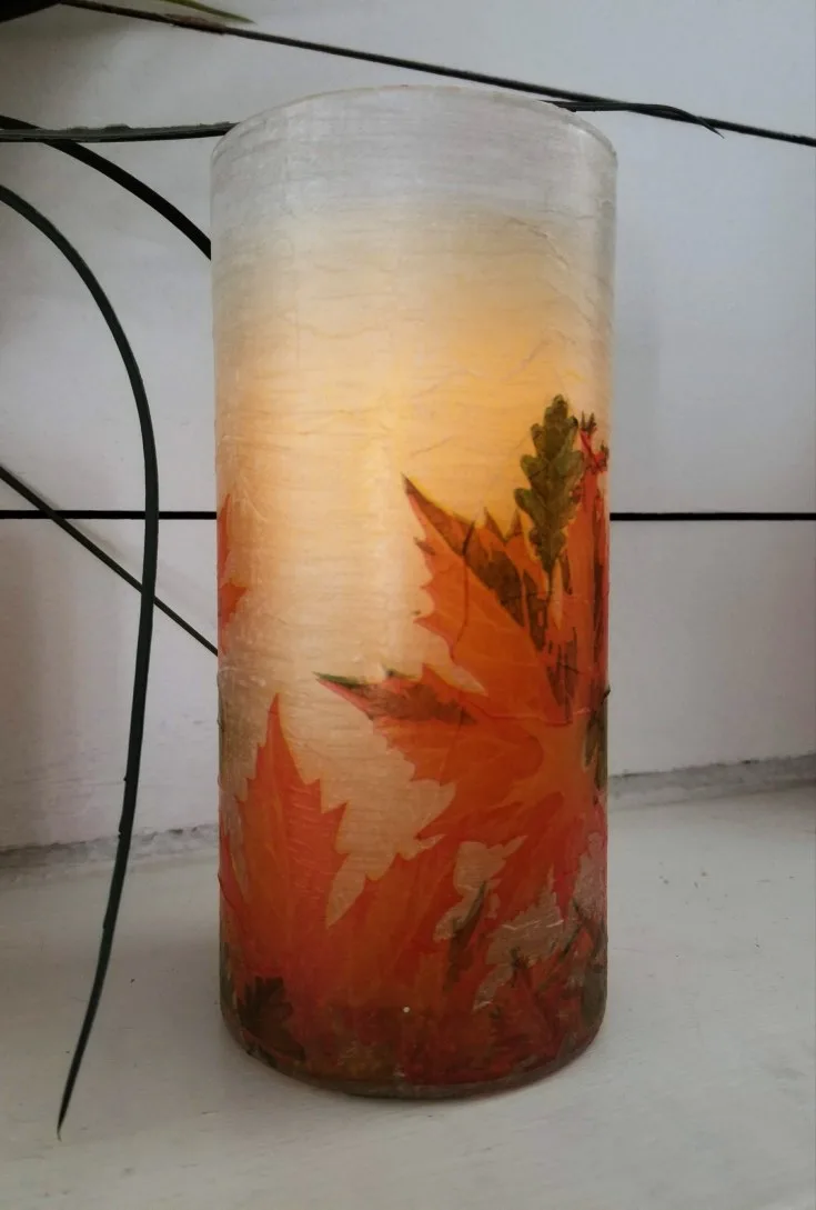 napkin decoupage glass vase with candle inside