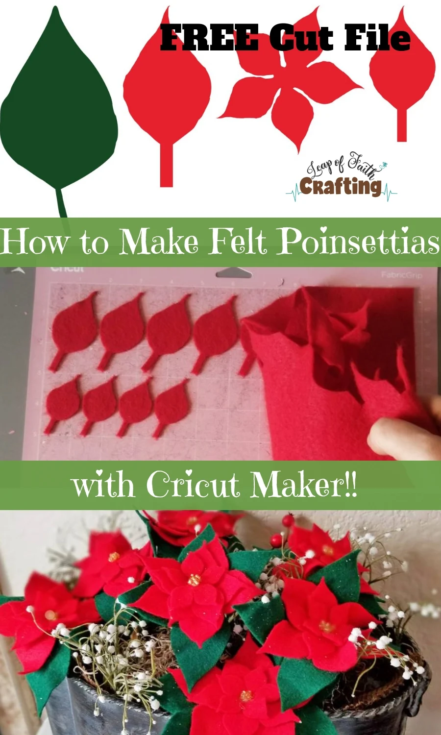 Cutting felt with a Cricut Maker is easy and perfect for making DIY felt poinsettias! Watch a video tutorial on how to put poinsettias together with hot glue. Plus grab the free SVG cut files! #cricutmade #christmas #diychristmas #felt