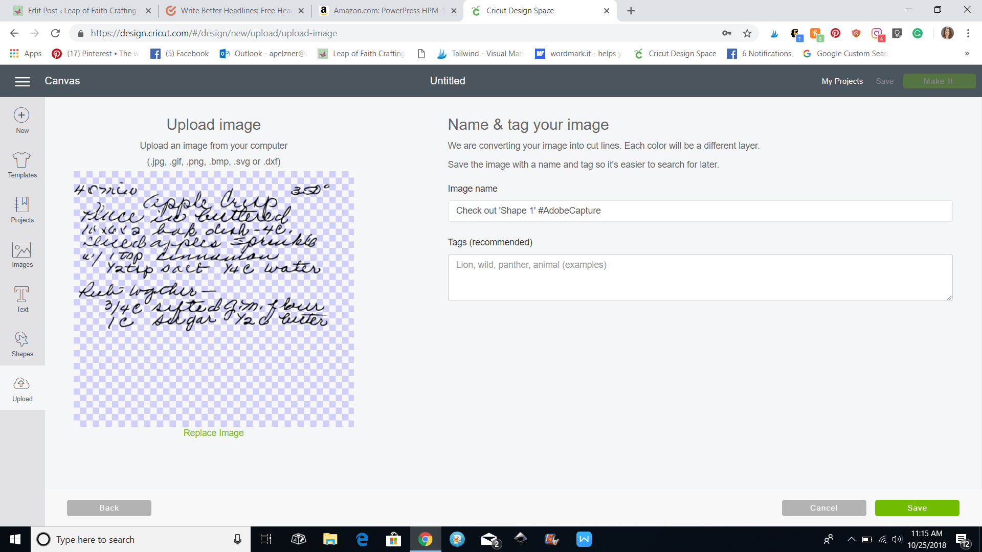 screenshot of uploading cricut handwritten recipe to design space