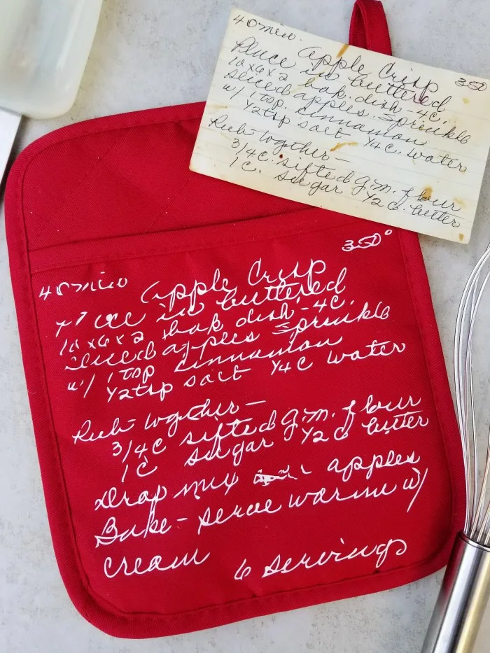 family recipe transferred to oven mitt with iron-on vinyl