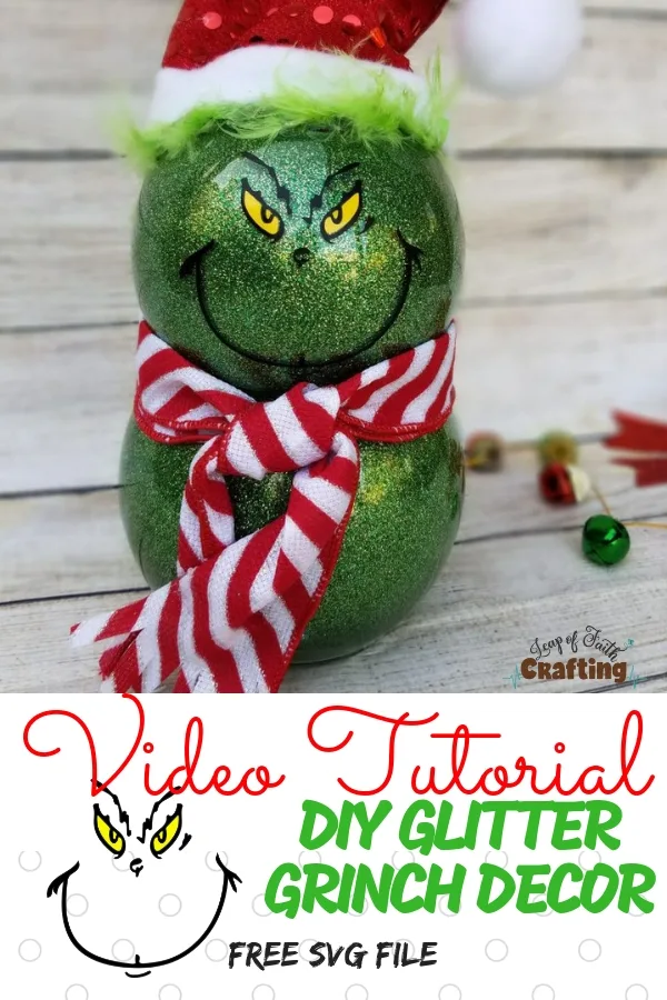 DIY Easy Grinch Decorations from Dollar Tree supplies. Make your own glitter Grinch decor with a FREE Grinch face SVG file and a video tutorial. #grinch #diy #glitter #diychristmas #tutorial #svg