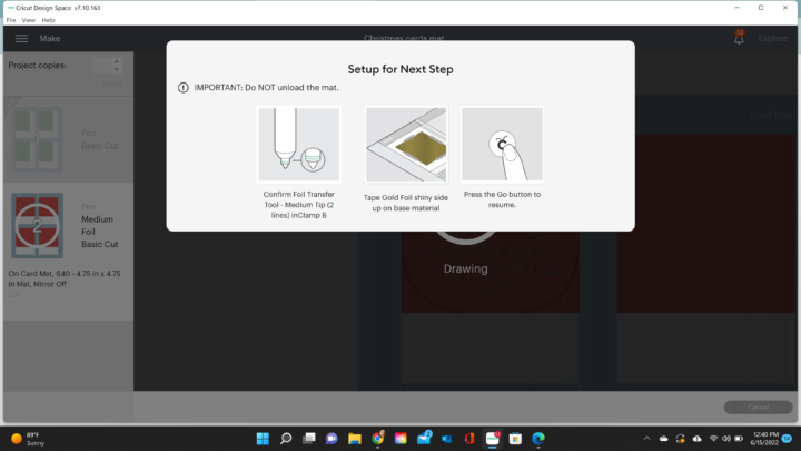 Screenshot of cricut design space using foil
