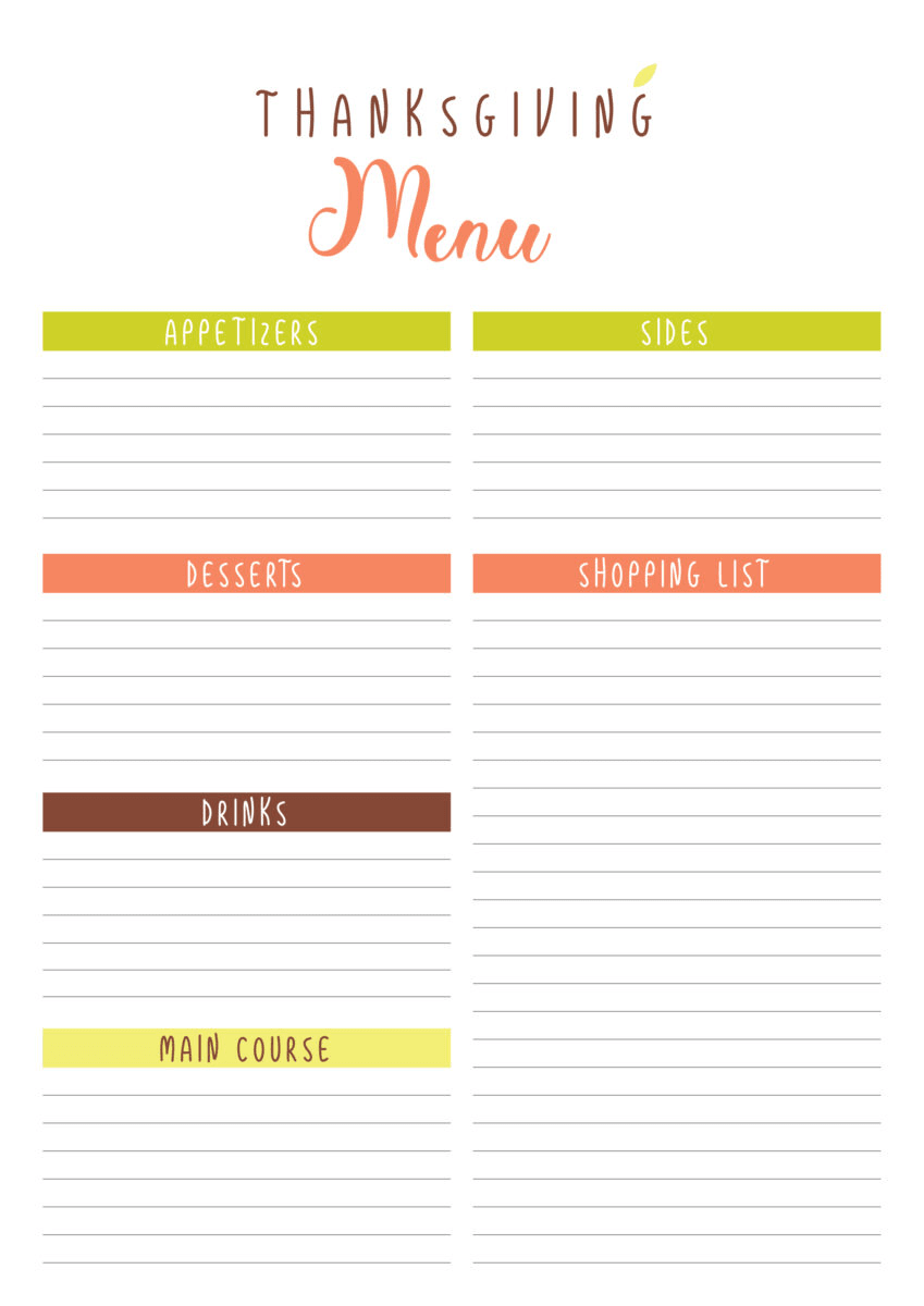 Thanksgiving menu planner printable