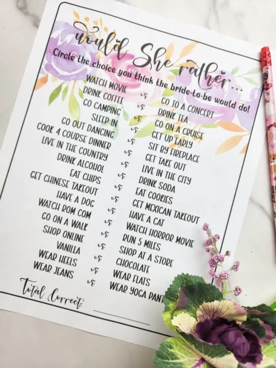 would she rather bridal shower game free printable